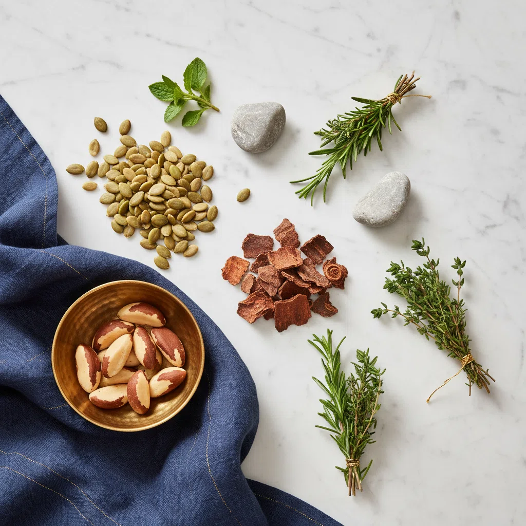 Platte lay van zink, selenium, magnesium, kürbiszaden en Pygeum africanum op marmeren tafel